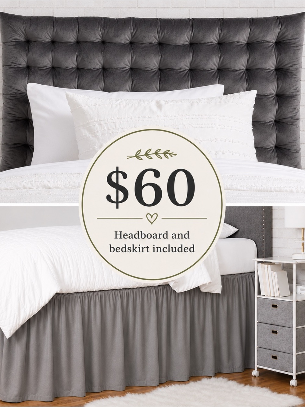 Dormify Grey Tufted Headboard with Matching Bedskirt